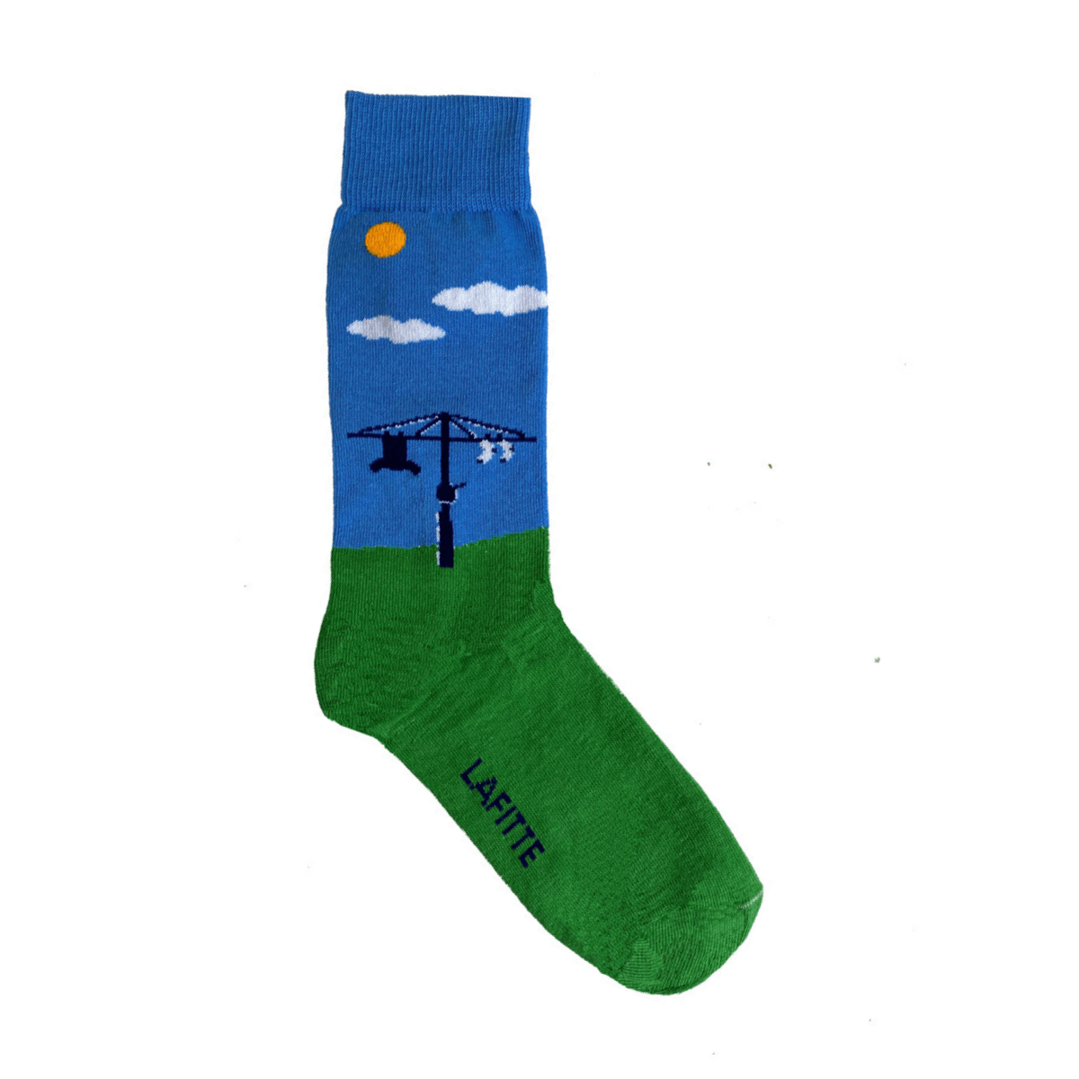 Hills Hoist Crew Socks. Green cotton crew socks with hills hoist clothesline design