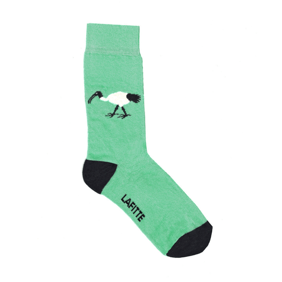 Ibis Crew Socks. Green cotton crew socks with ibis bird design