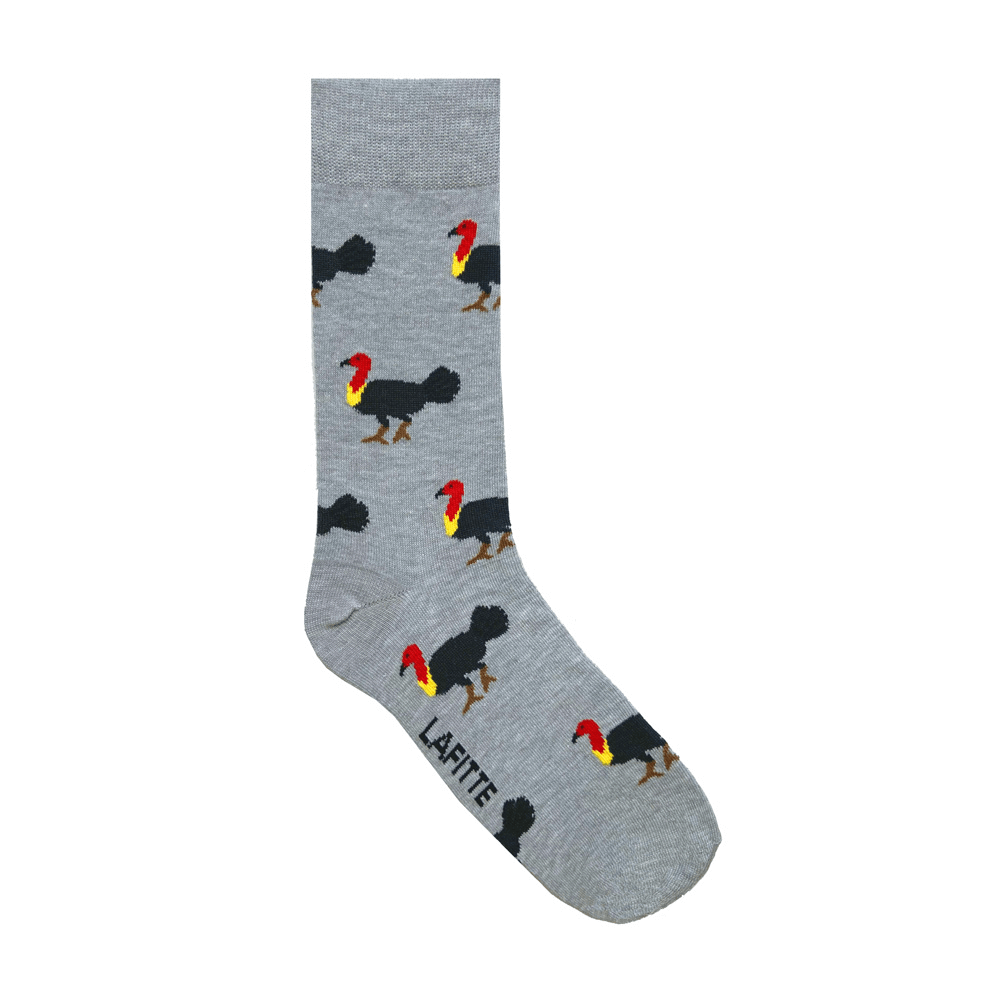 Brush Turkey Crew Socks. Grey cotton crew socks with brush turkey design