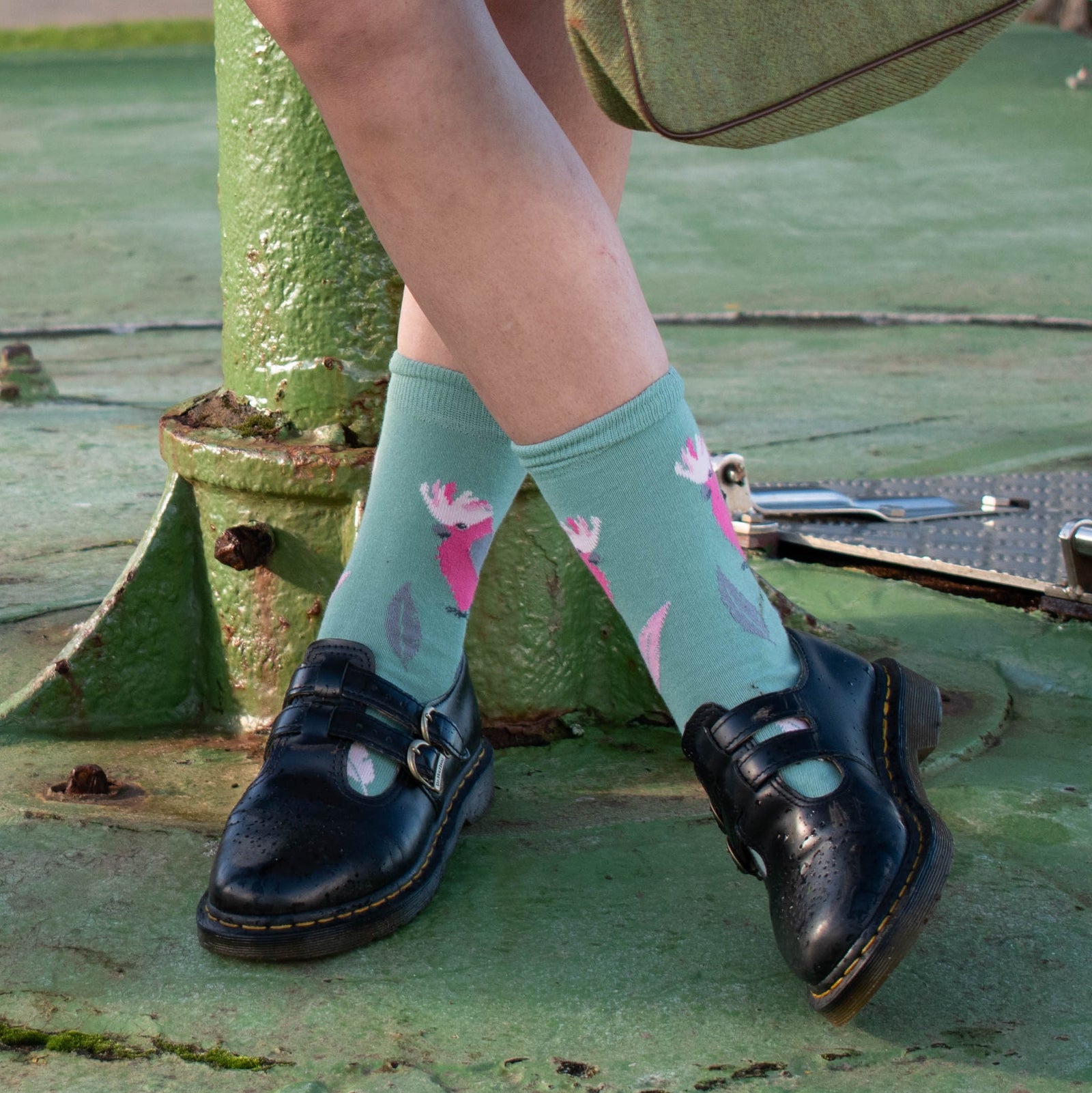Pink Galah Crew Socks. Light green cotton socks with pink galah birds