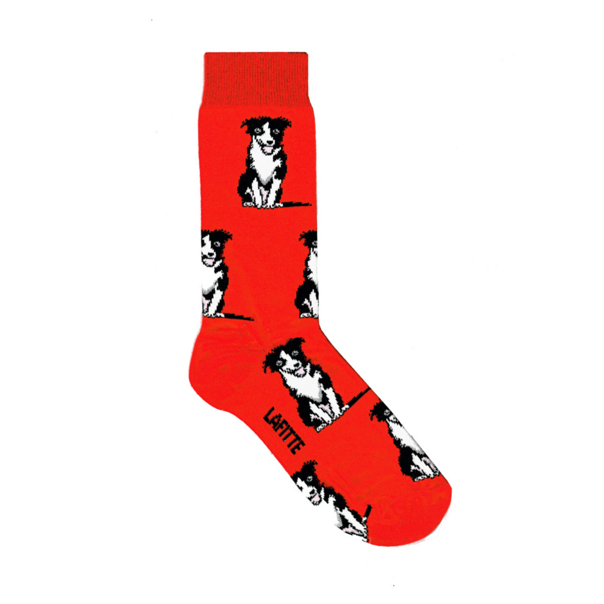 Border collie crew socks. Red cotton socks with border collie dog pattern