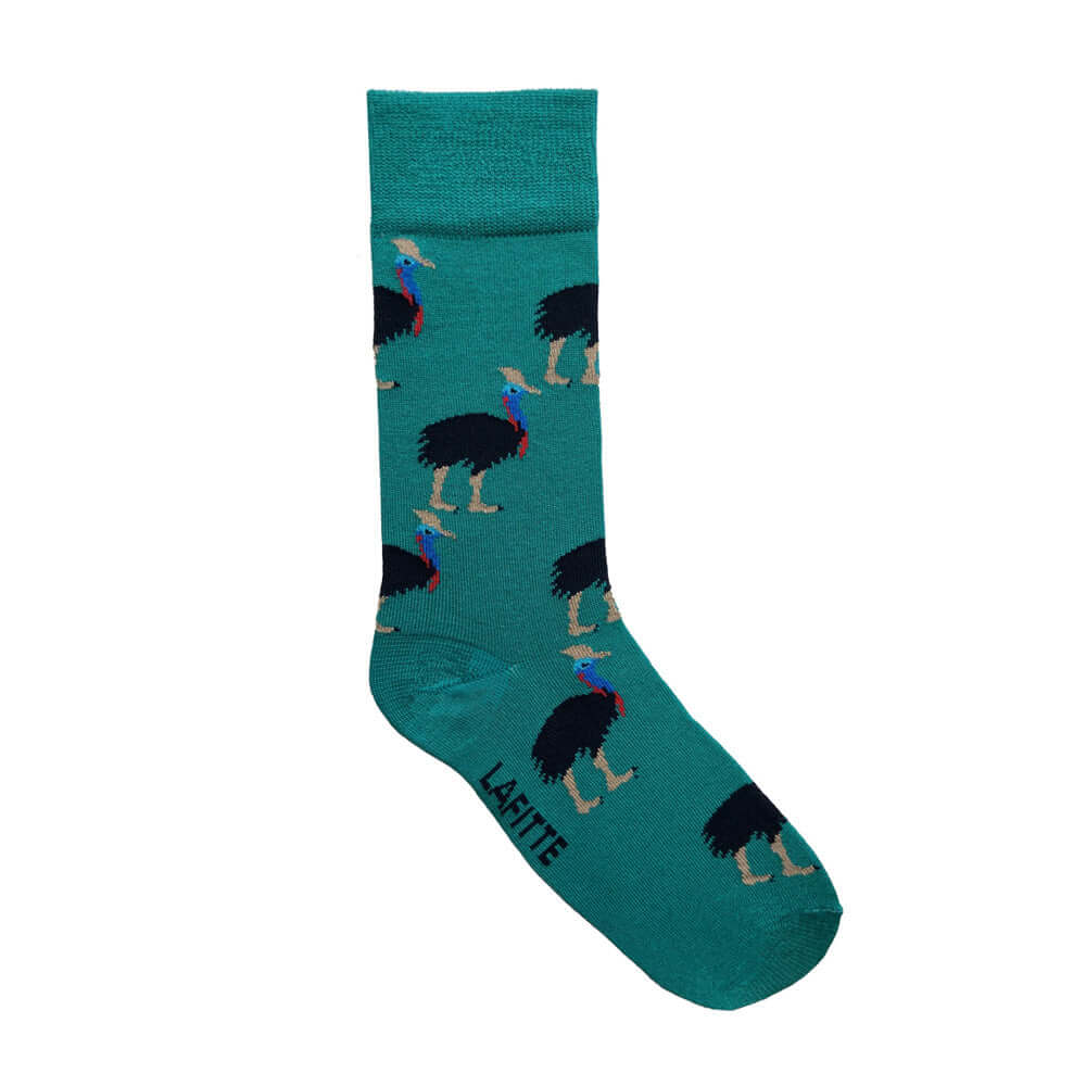 Southern Cassowary Crew Socks. Green bamboo socks with southern cassowary design from endangered Australian animals range