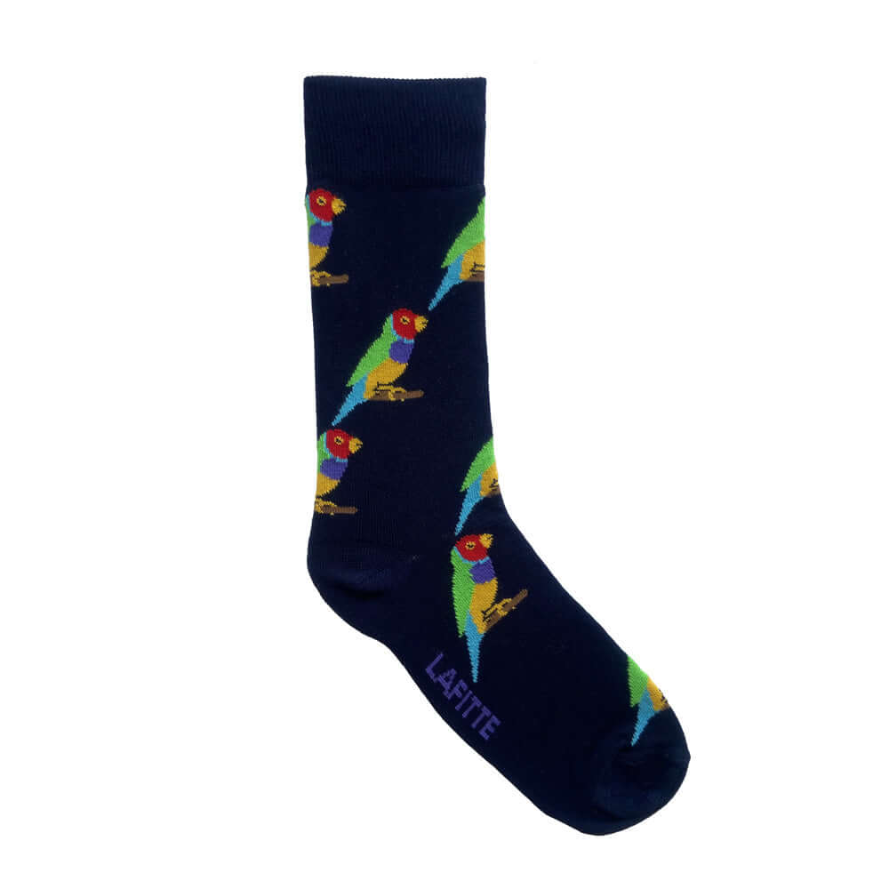 Gouldian Finch Crew Socks. Navy bamboo socks with gouldian finch bird design from endangered Australian animals range