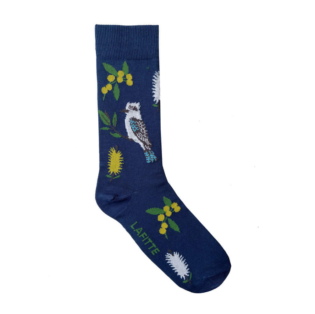 Kookaburra Crew Socks. Navy blue cotton socks with kookaburra bird design