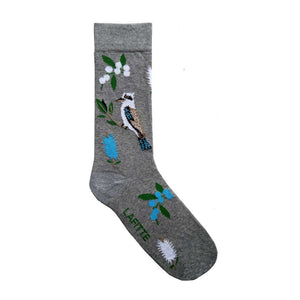 Kookaburra Crew Socks. Grey cotton socks with kookaburra bird design