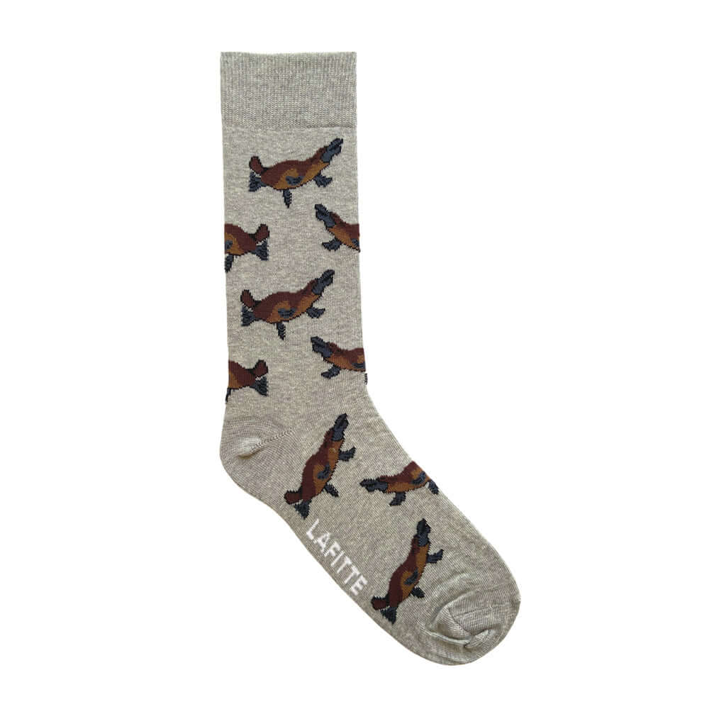 Platypus Crew Socks. Grey cotton socks with platypus pattern