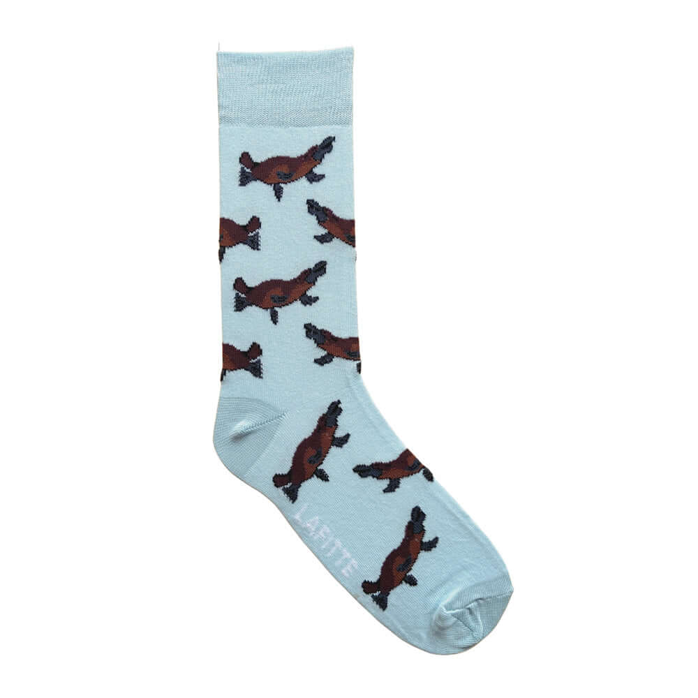 Platypus Crew Socks. Light blue cotton socks with platypus design