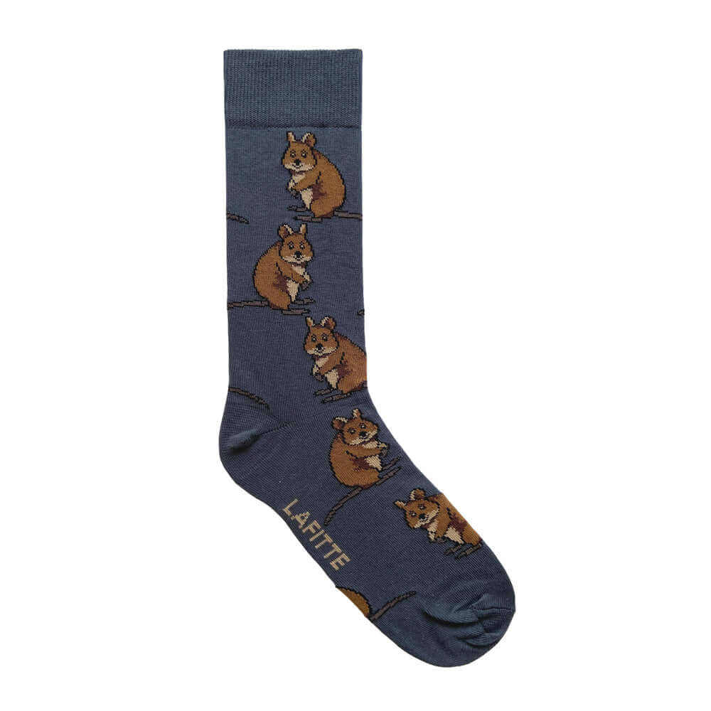 Quokka Crew Socks. Navy cotton socks with quokka animal design