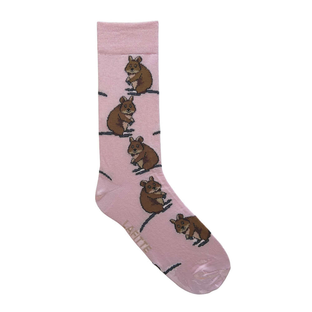 Quokka Crew Socks. Pink cotton socks with quokka pattern